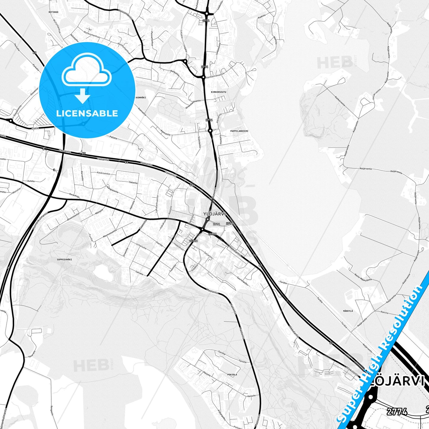 Ylöjärvi, Finland Light Map with Street Names, City Names, and Districts