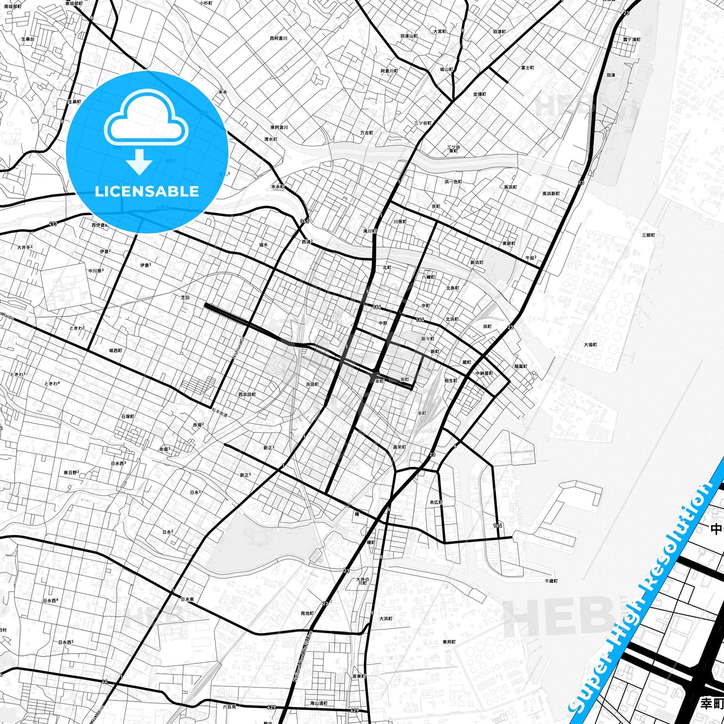 Yokkaichi, Japan Light Map with Street Names, City Names, and Districts