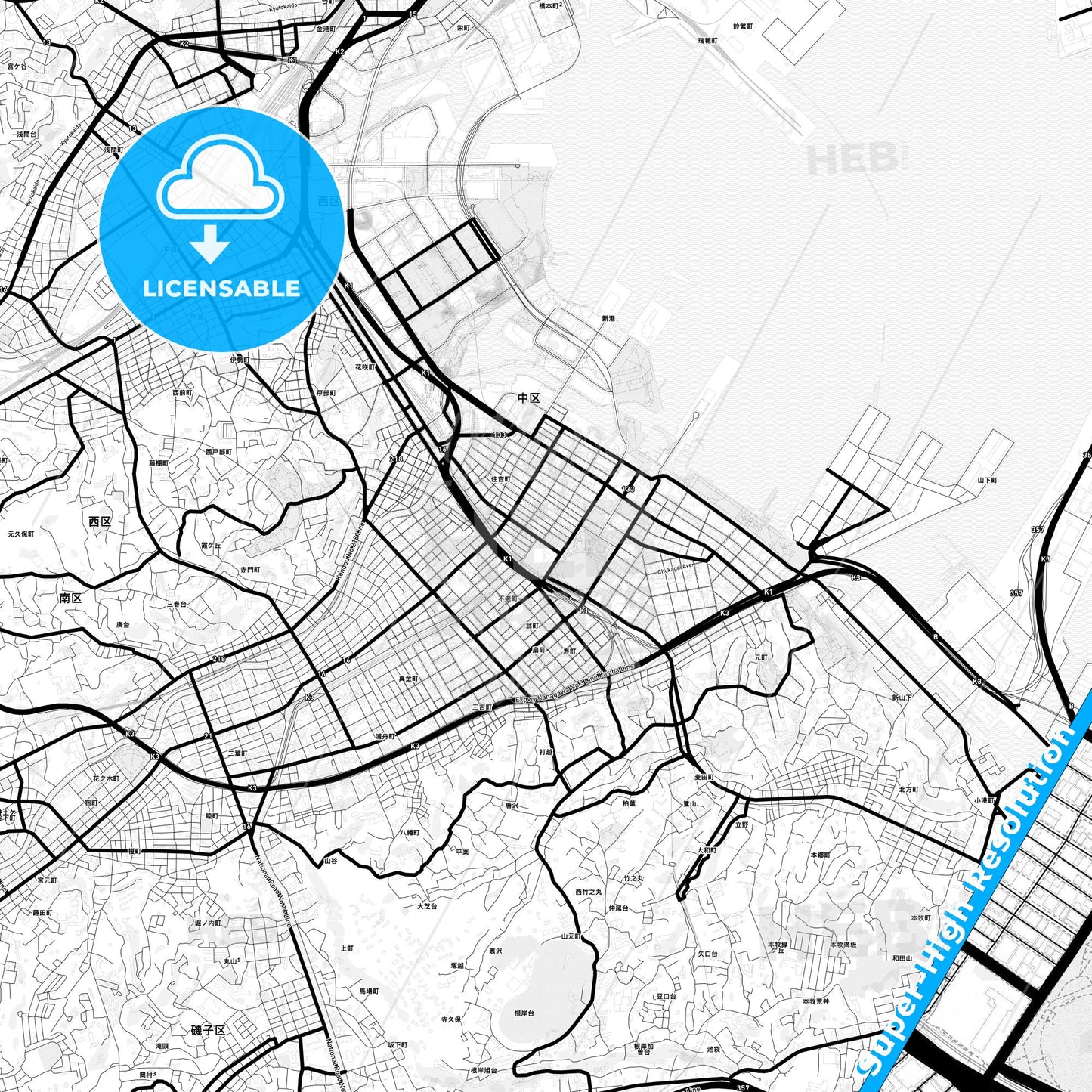 Yokohama, Japan Light Map with Street Names, City Names, and Districts