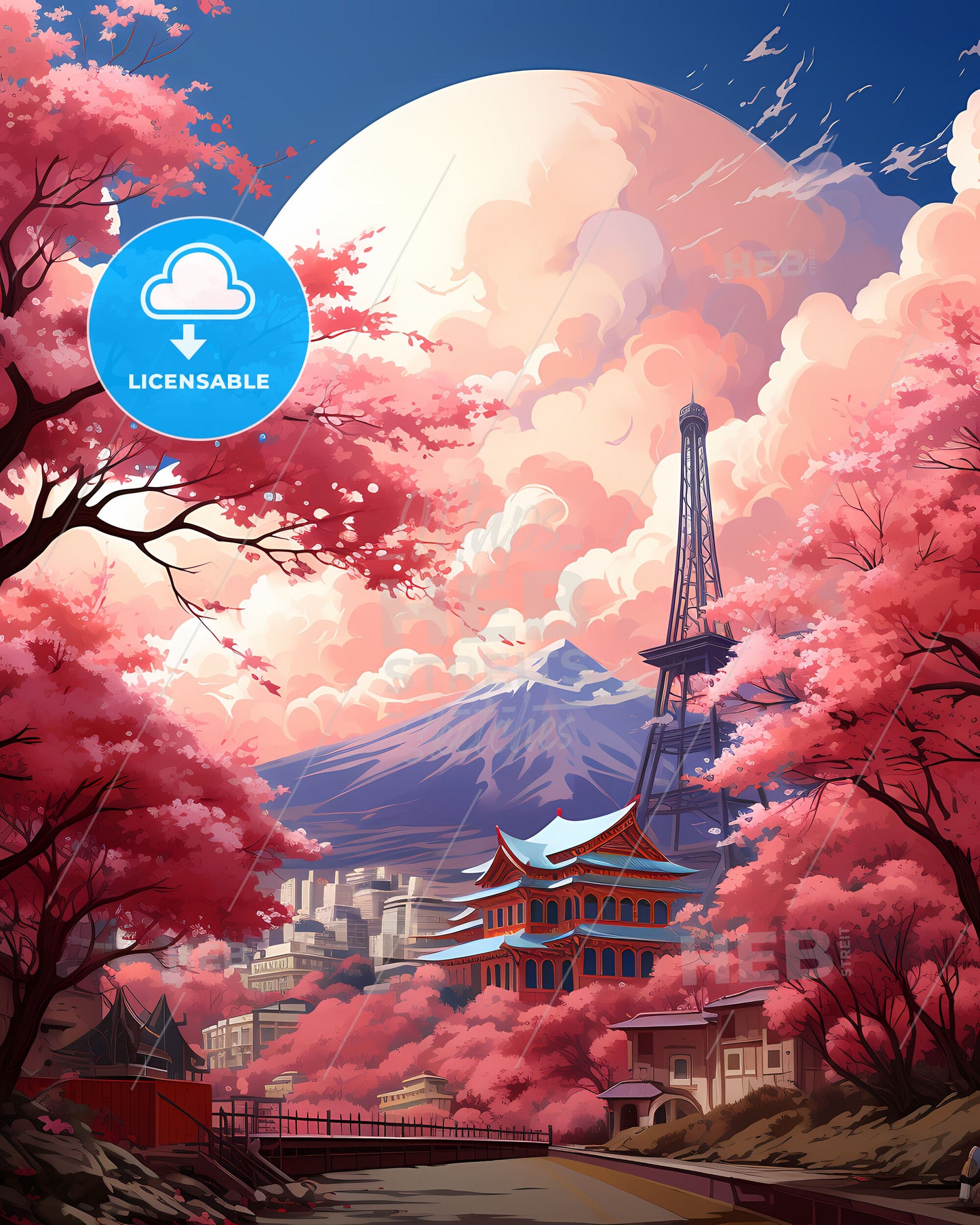 Yokohama Japan Skyline Cityscape Painting Tower Pink Trees Modern Art Artwork Travel Tourism