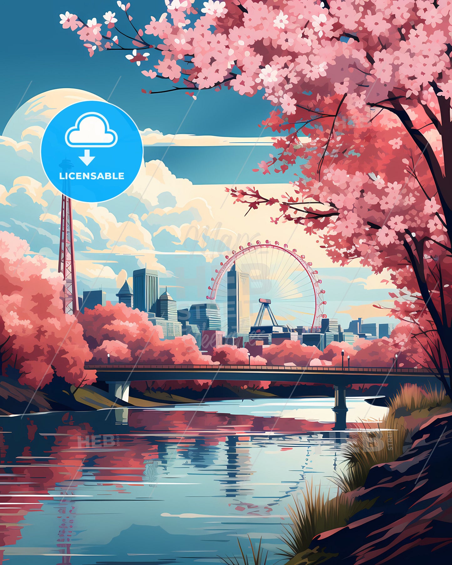 Vibrant Yokohama Skyline Painting with Pink Trees and Ferris Wheel