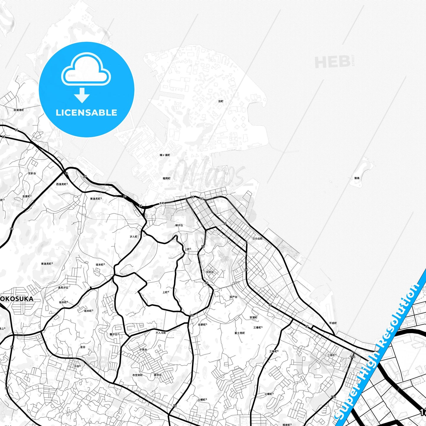 Yokosuka, Japan Light Map with Street Names, City Names, and Districts