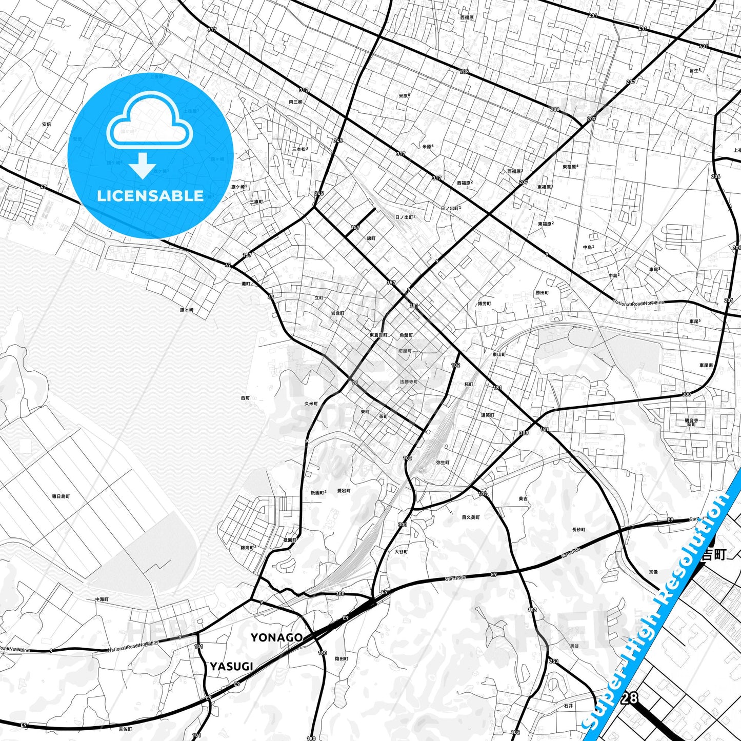 Yonago, Japan Light Map with Street Names, City Names, and Districts