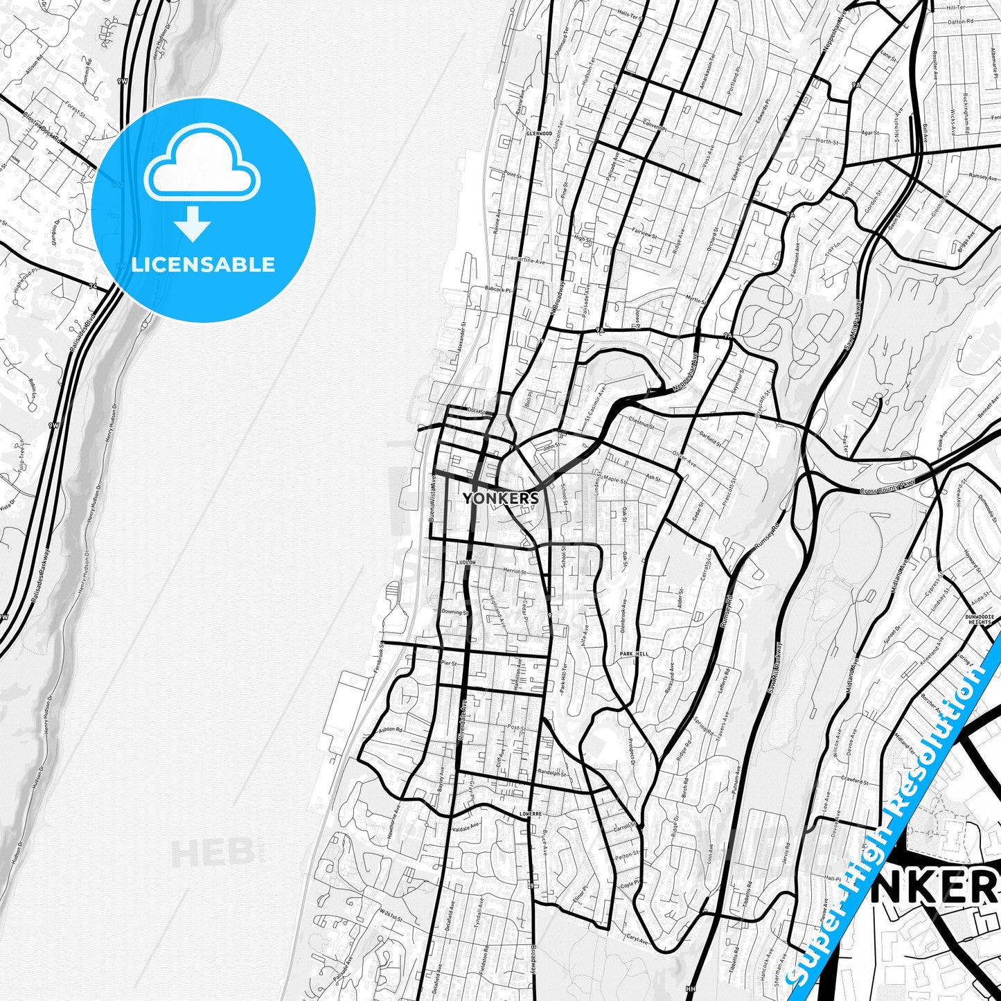 Yonkers, New York Light Map with Street Names, City Names, and Districts