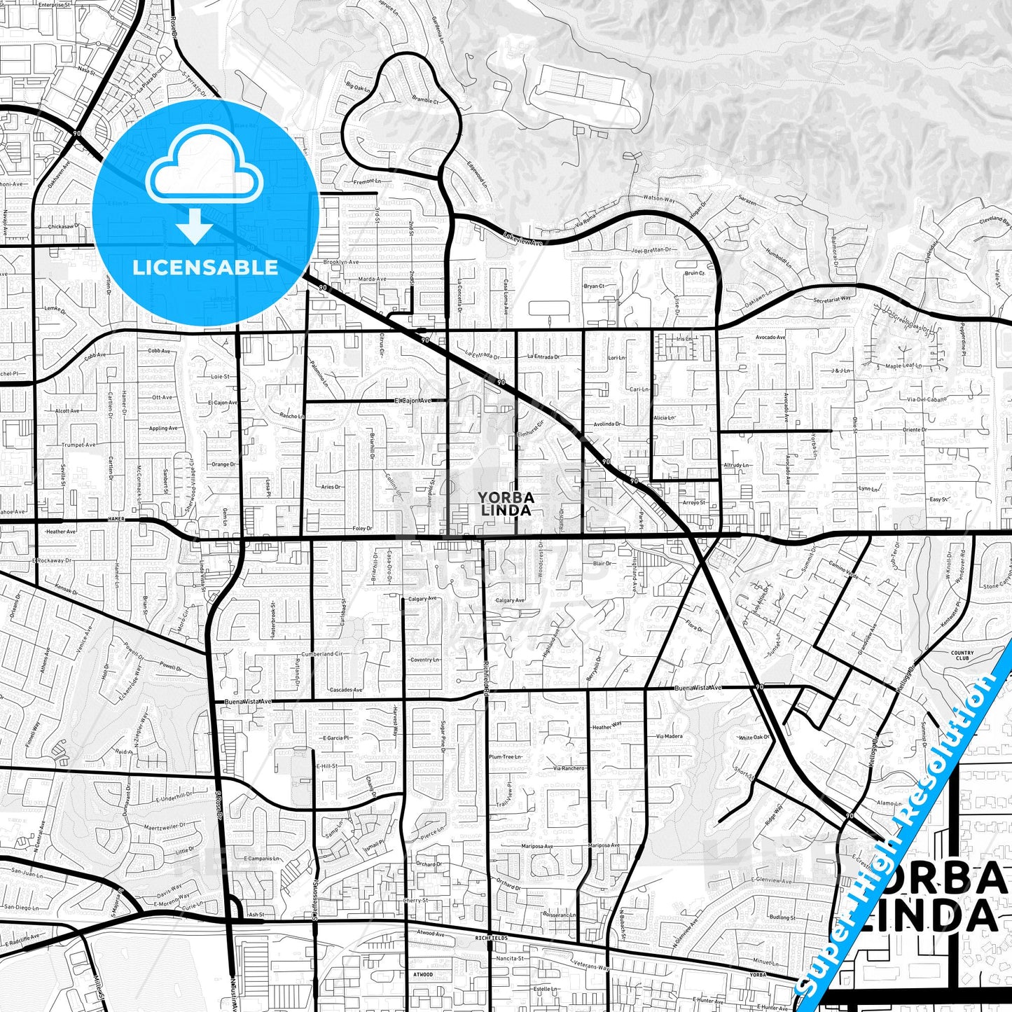 Yorba Linda, California Light Map with Street Names, City Names, and Districts