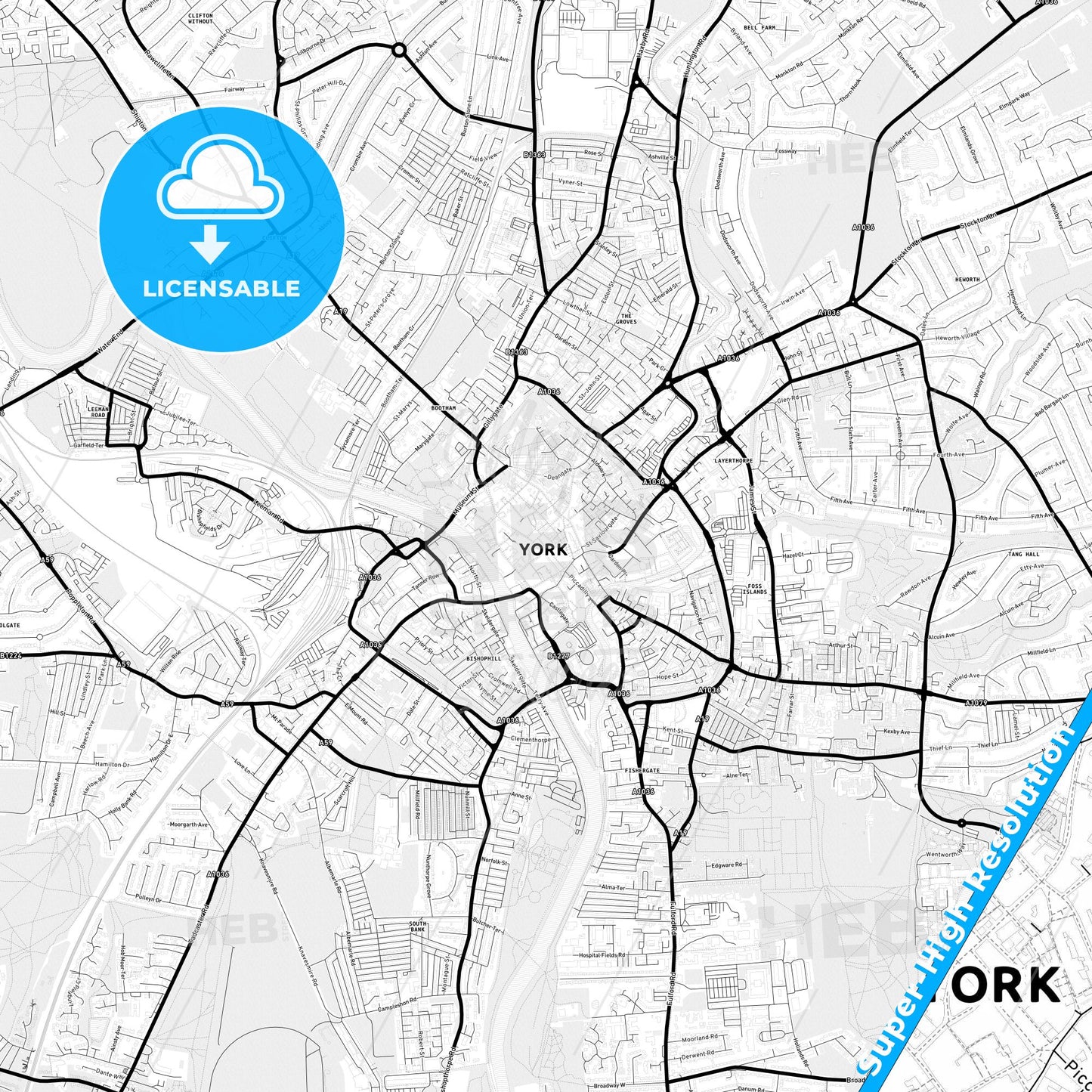 York, England Light Map with Street Names, City Names, and Districts