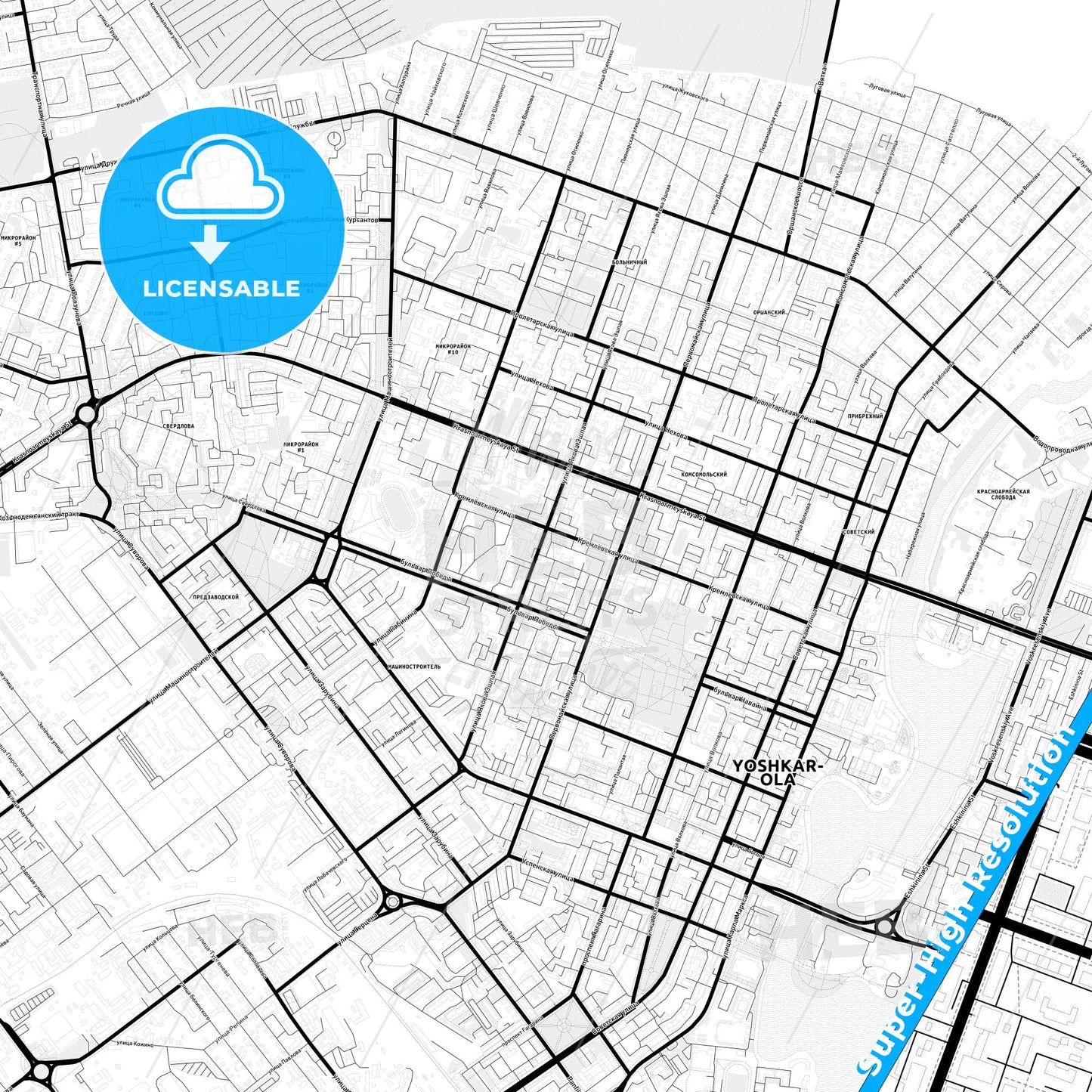 Yoshkar-Ola, Russia Light Map with Street Names, City Names, and Districts