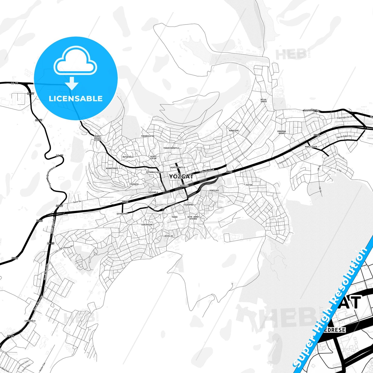 Yozgat, Turkey Light Map with Street Names, City Names, and Districts