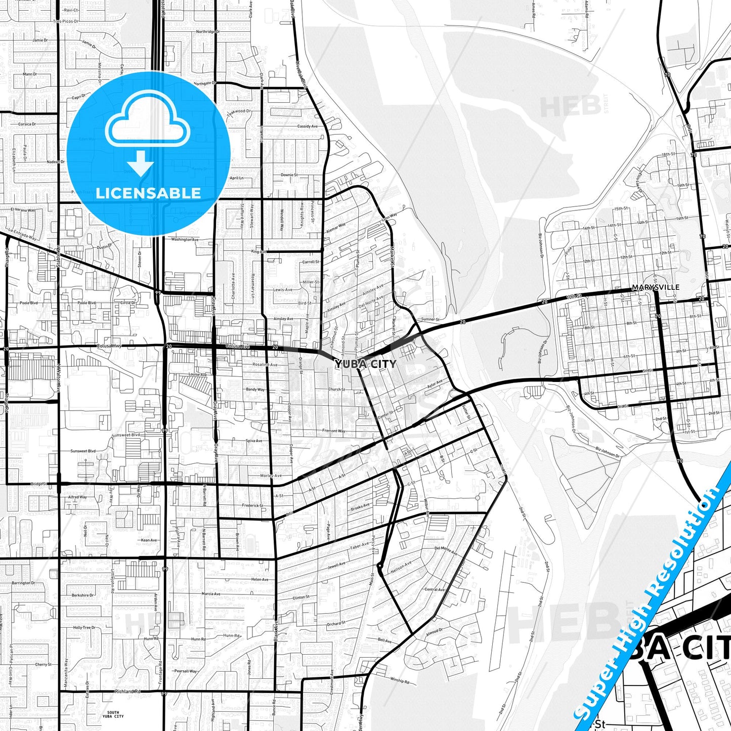 Yuba City, California Light Map with Street Names, City Names, and Districts