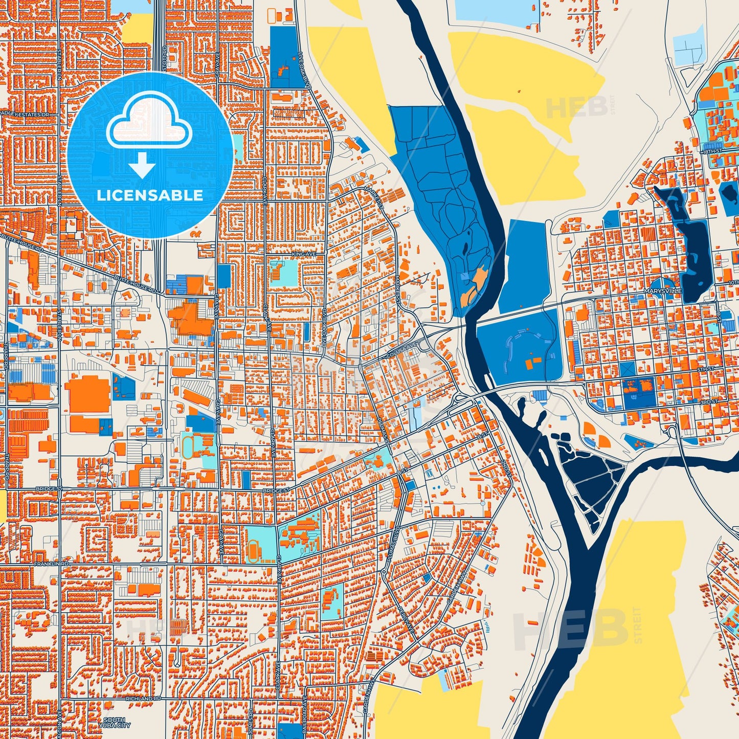 Colorful Yuba City Street Map with Labels and Buildings