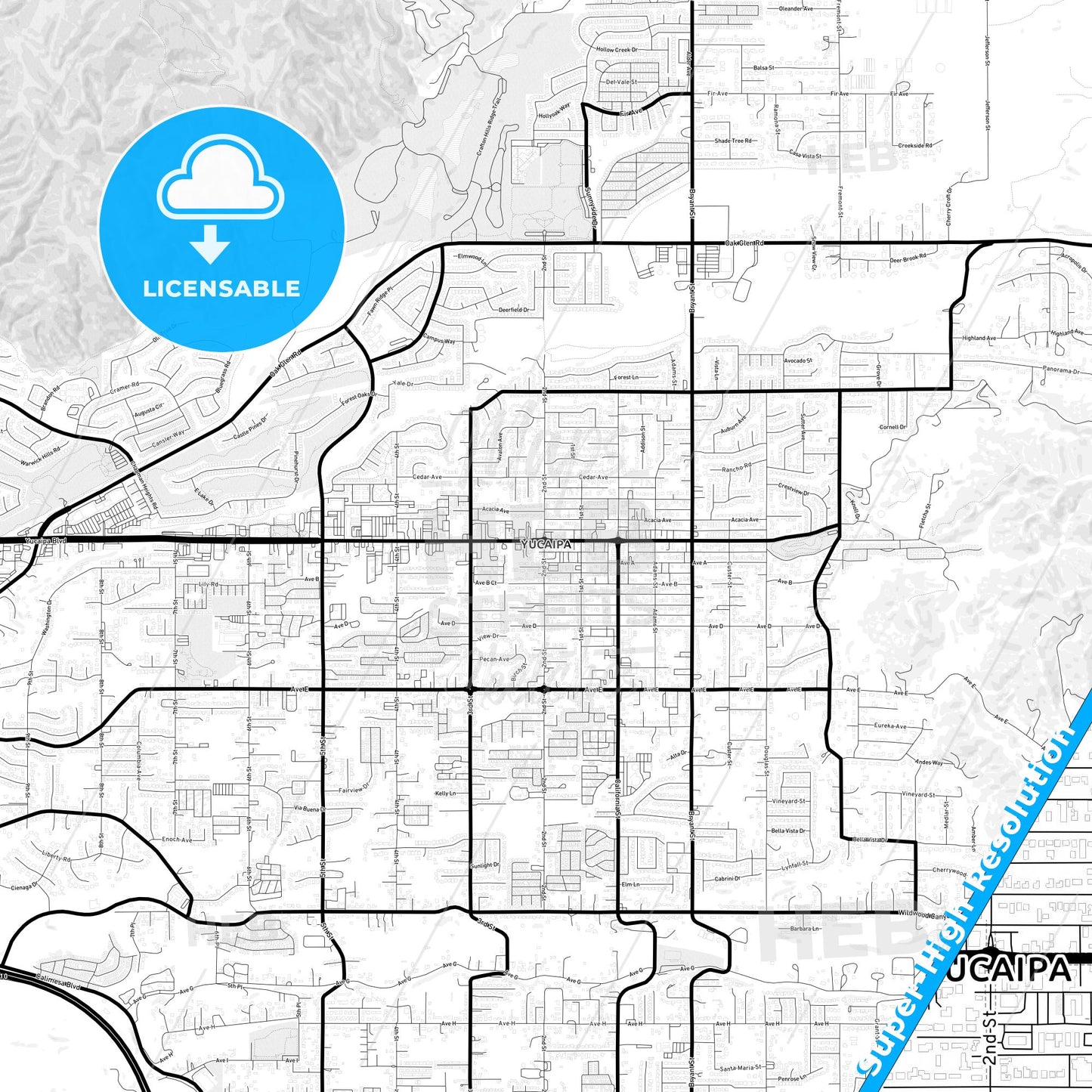 Yucaipa, California Light Map with Street Names, City Names, and Districts