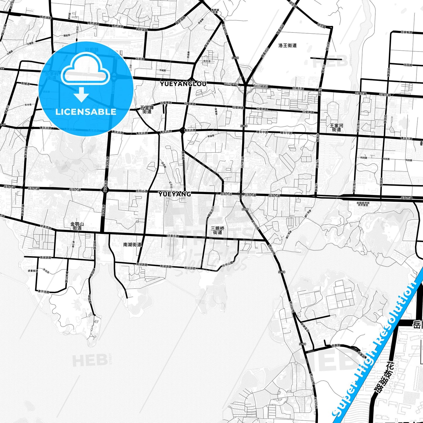 Yueyang, China Light Map with Street Names, City Names, and Districts