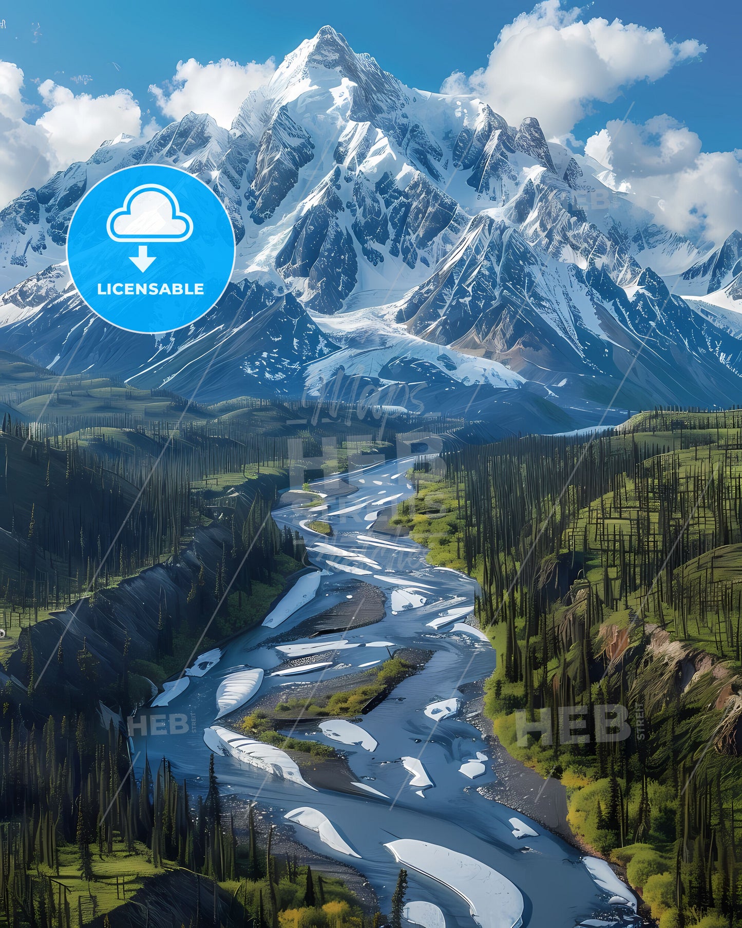 Vibrant Painting of Yukon River Valley Landscape with Trees and Mountains