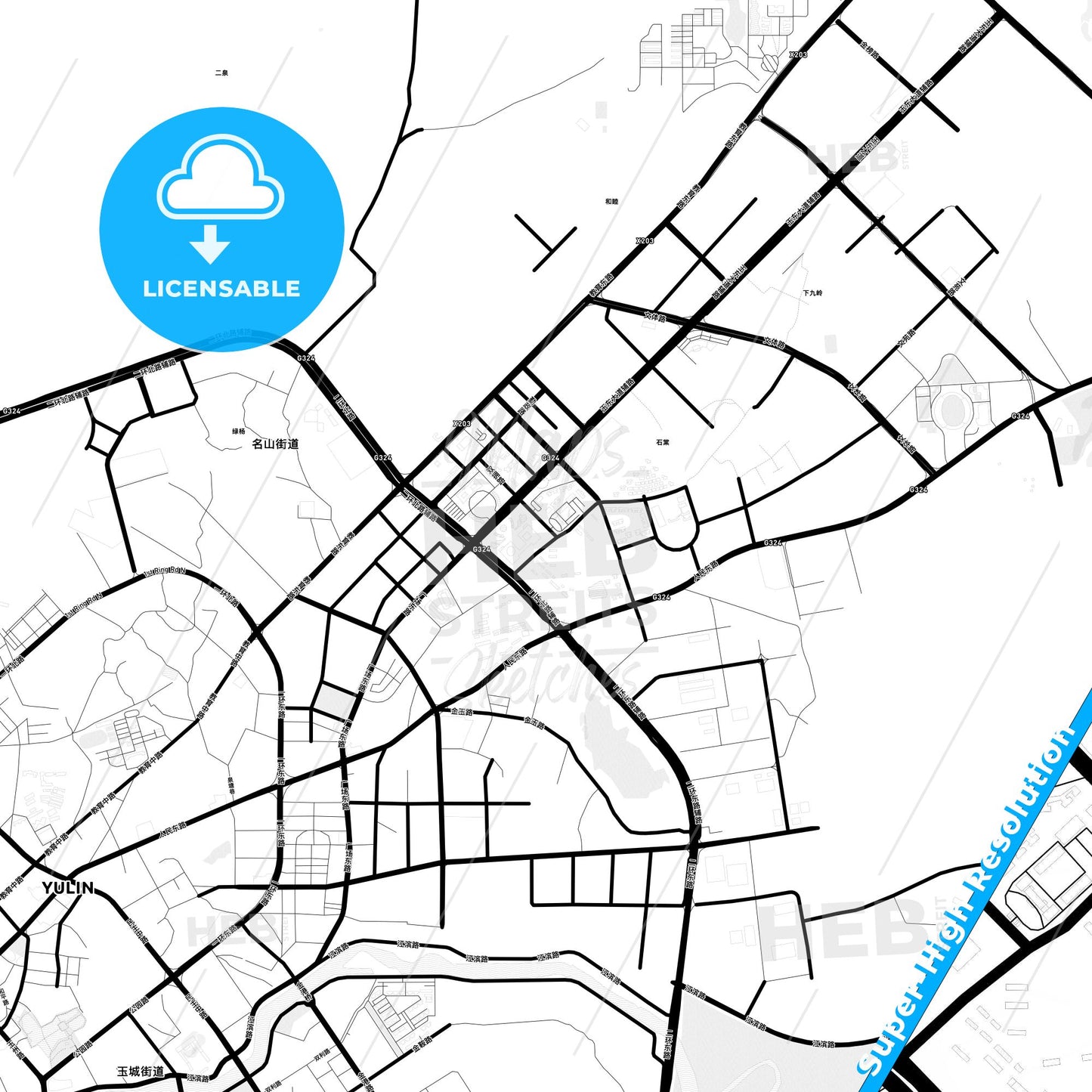 Yulin, China Light Map with Street Names, City Names, and Districts