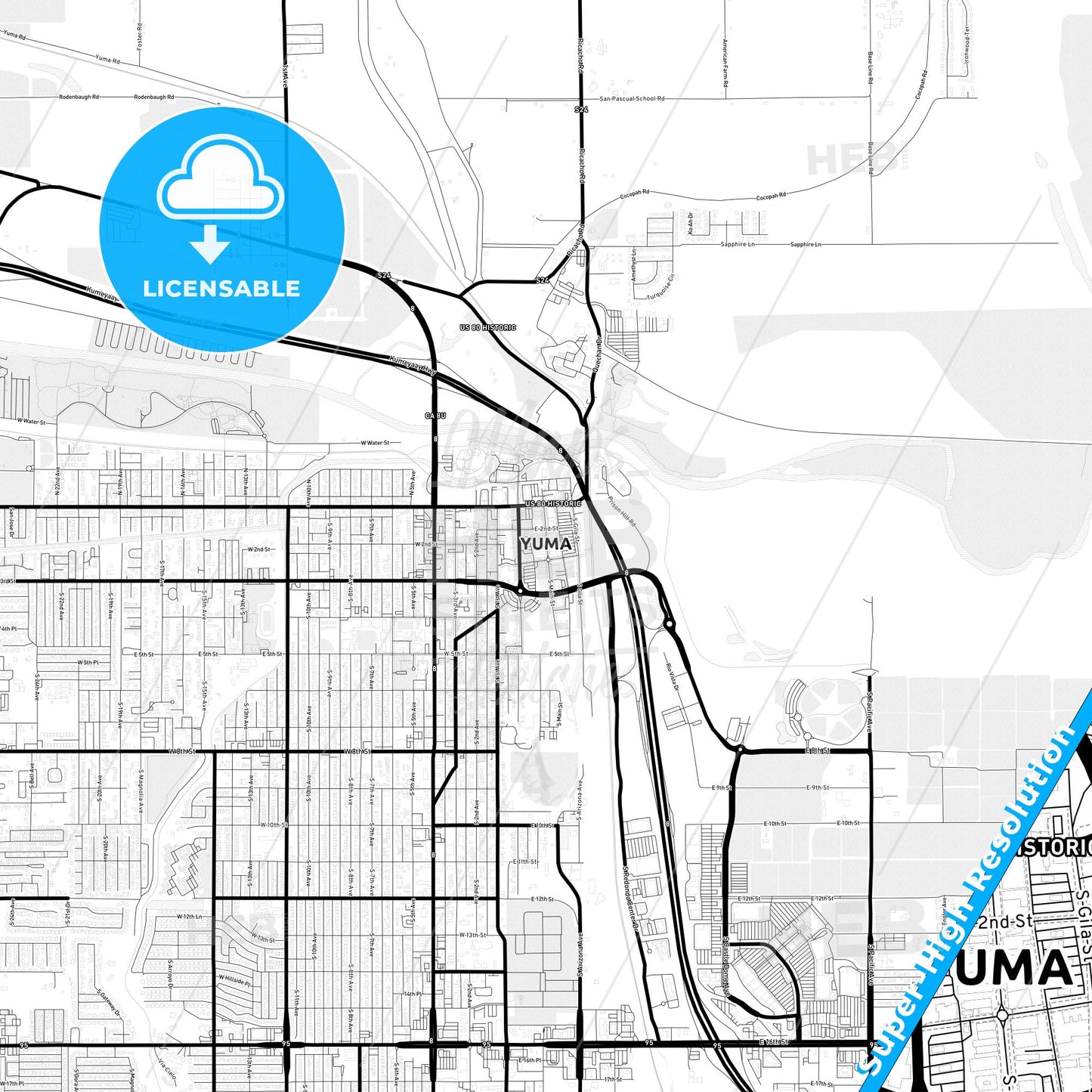 Yuma, Arizona Light Map with Street Names, City Names, and Districts