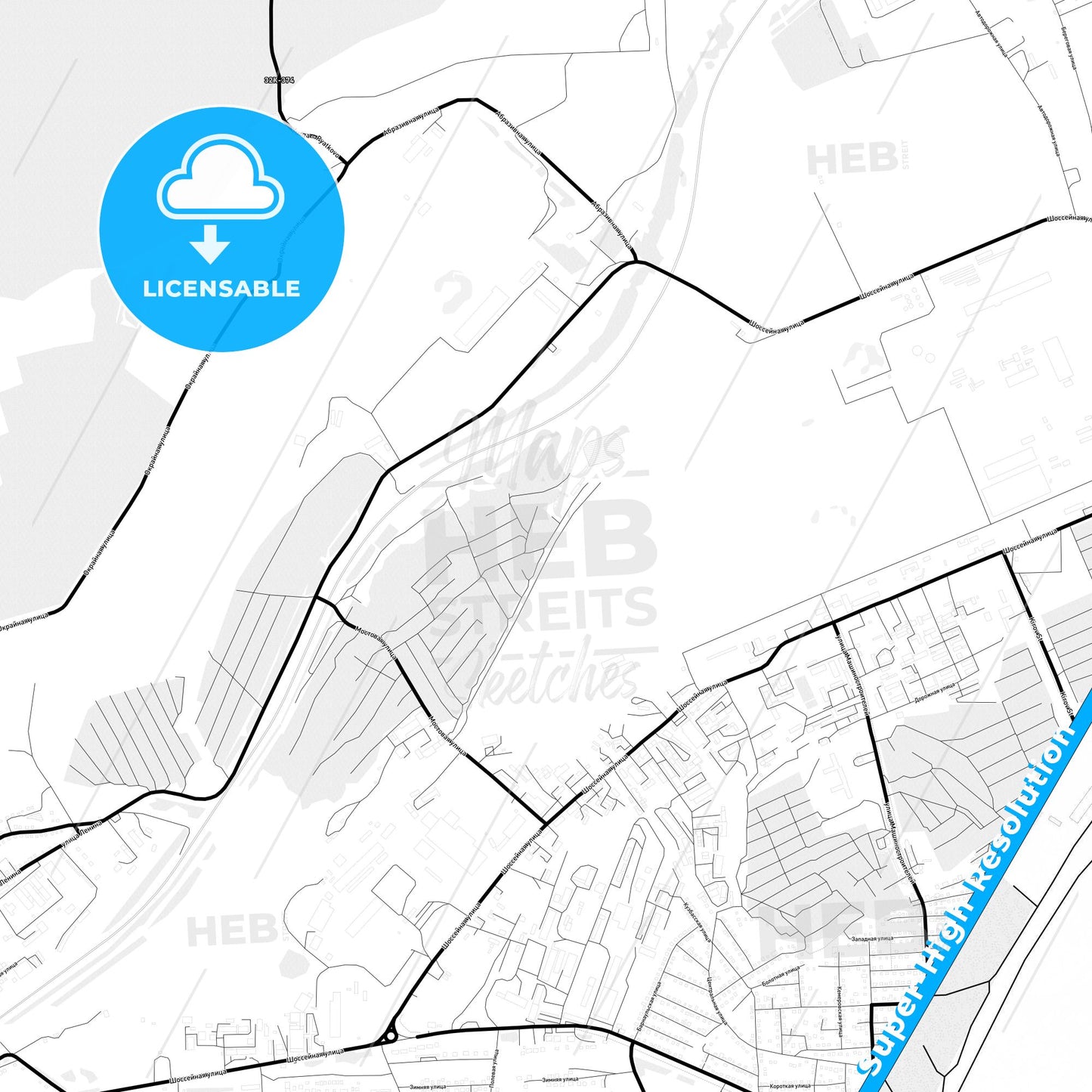 Yurga, Russia Light Map with Street Names, City Names, and Districts