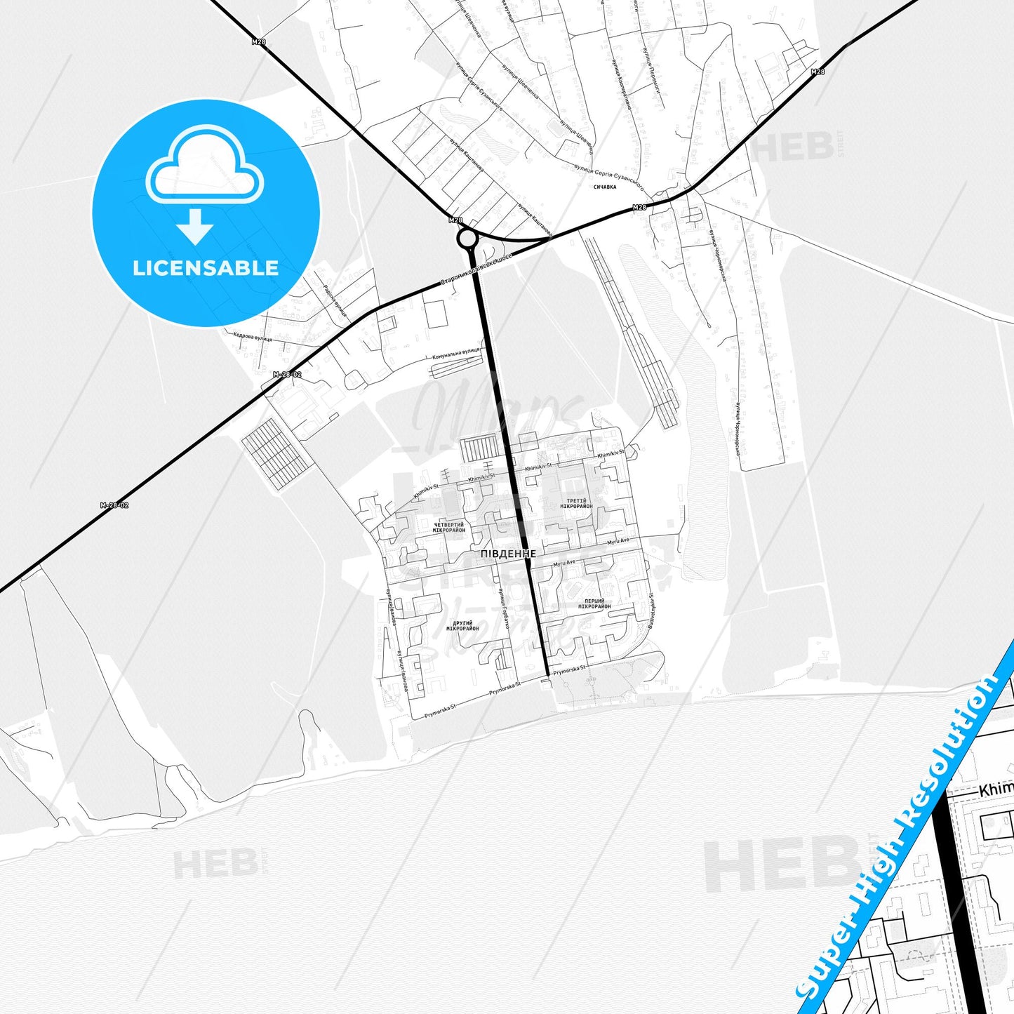 Yuzhne, Ukraine Light Map with Street Names, City Names, and Districts