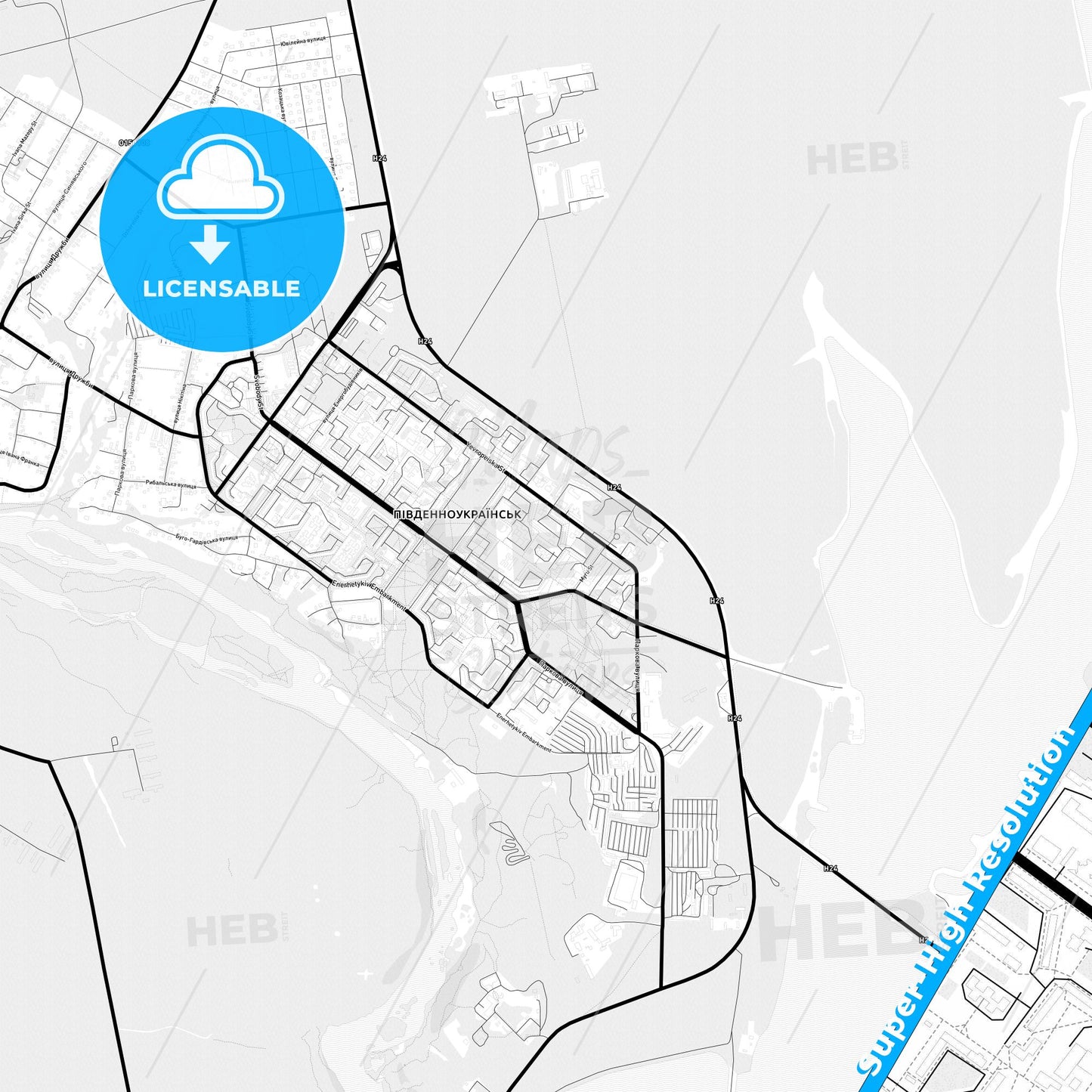 Yuzhnoukrainsk, Ukraine Light Map with Street Names, City Names, and Districts