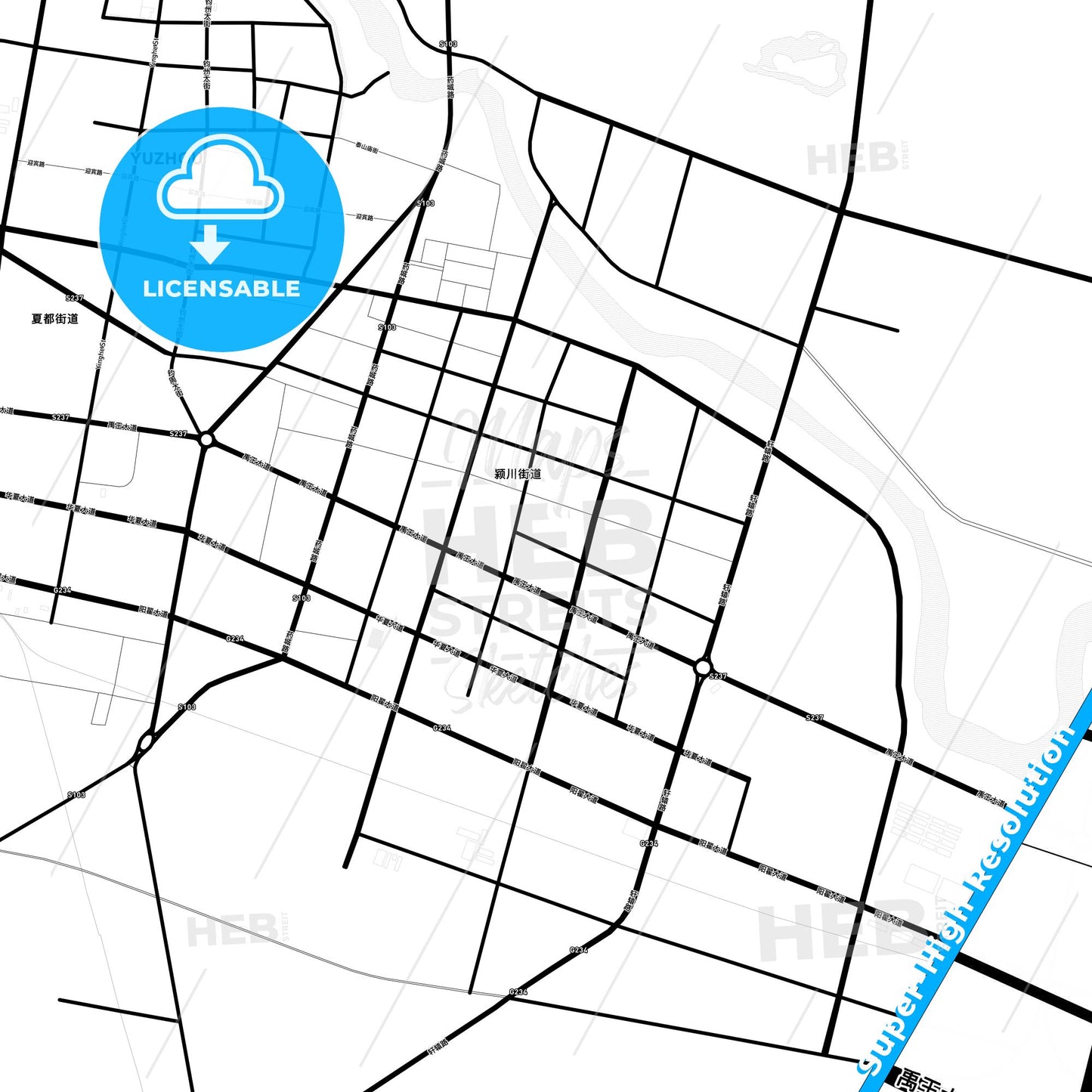Yuzhou, China Light Map with Street Names, City Names, and Districts