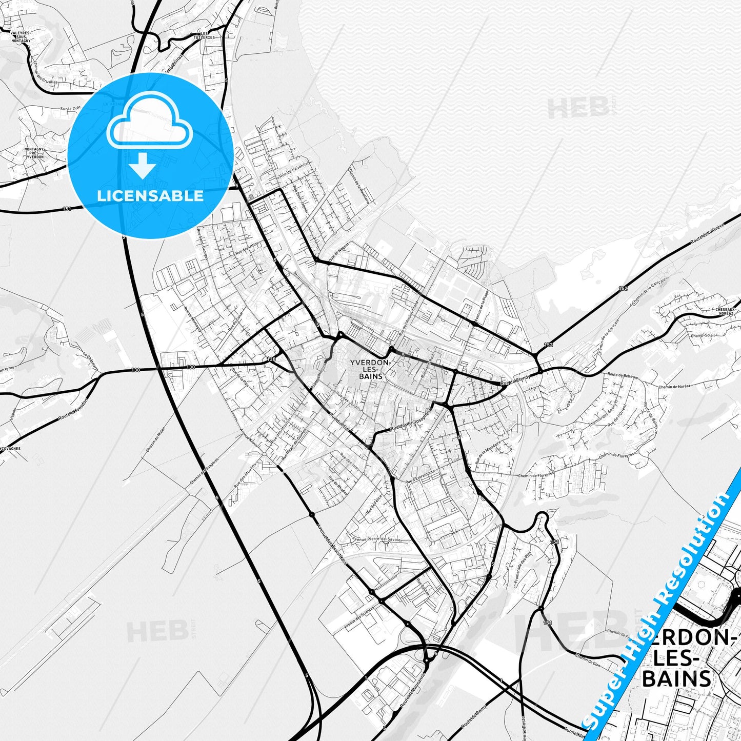 Yverdon-les-Bains, Switzerland Light Map with Street Names, City Names, and Districts
