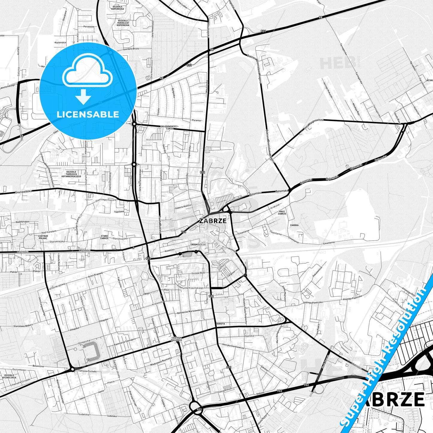 Zabrze, Poland Light Map with Street Names, City Names, and Districts