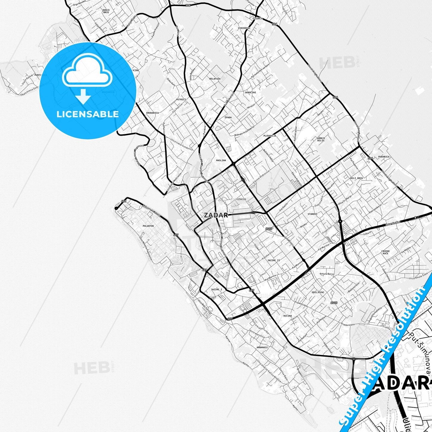 Zadar, Croatia Light Map with Street Names, City Names, and Districts