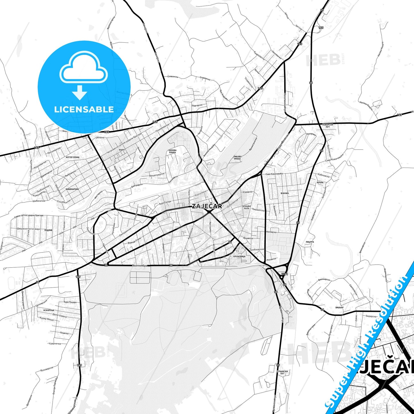 Zaječar, Serbia Light Map with Street Names, City Names, and Districts