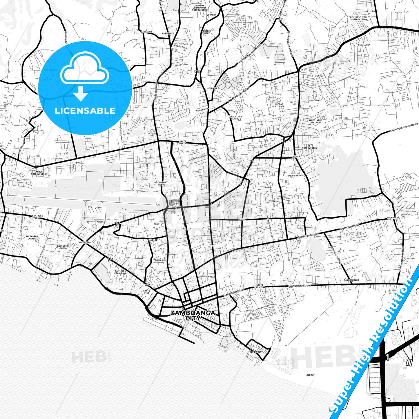 Zamboanga City, Philippines Light Map with Street Names, City Names, and Districts
