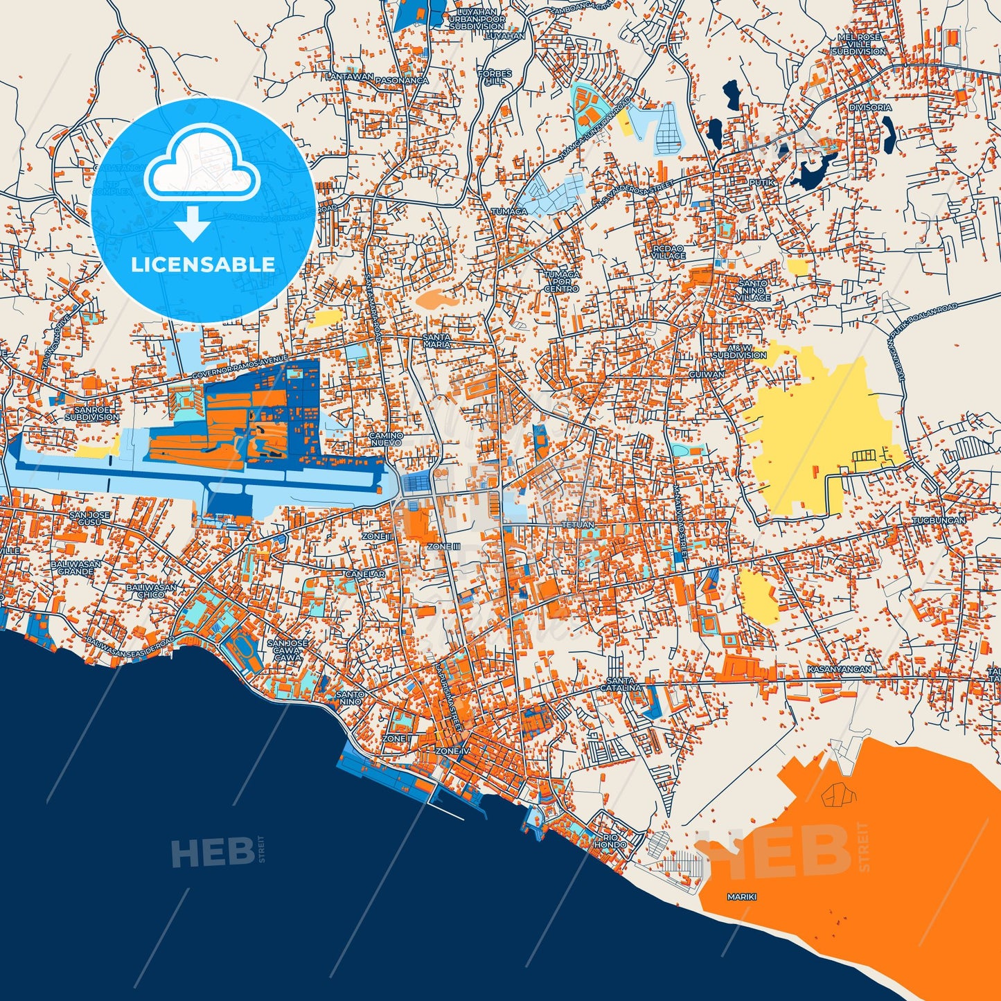Colorful Zamboanga City Street Map with Labels and Buildings