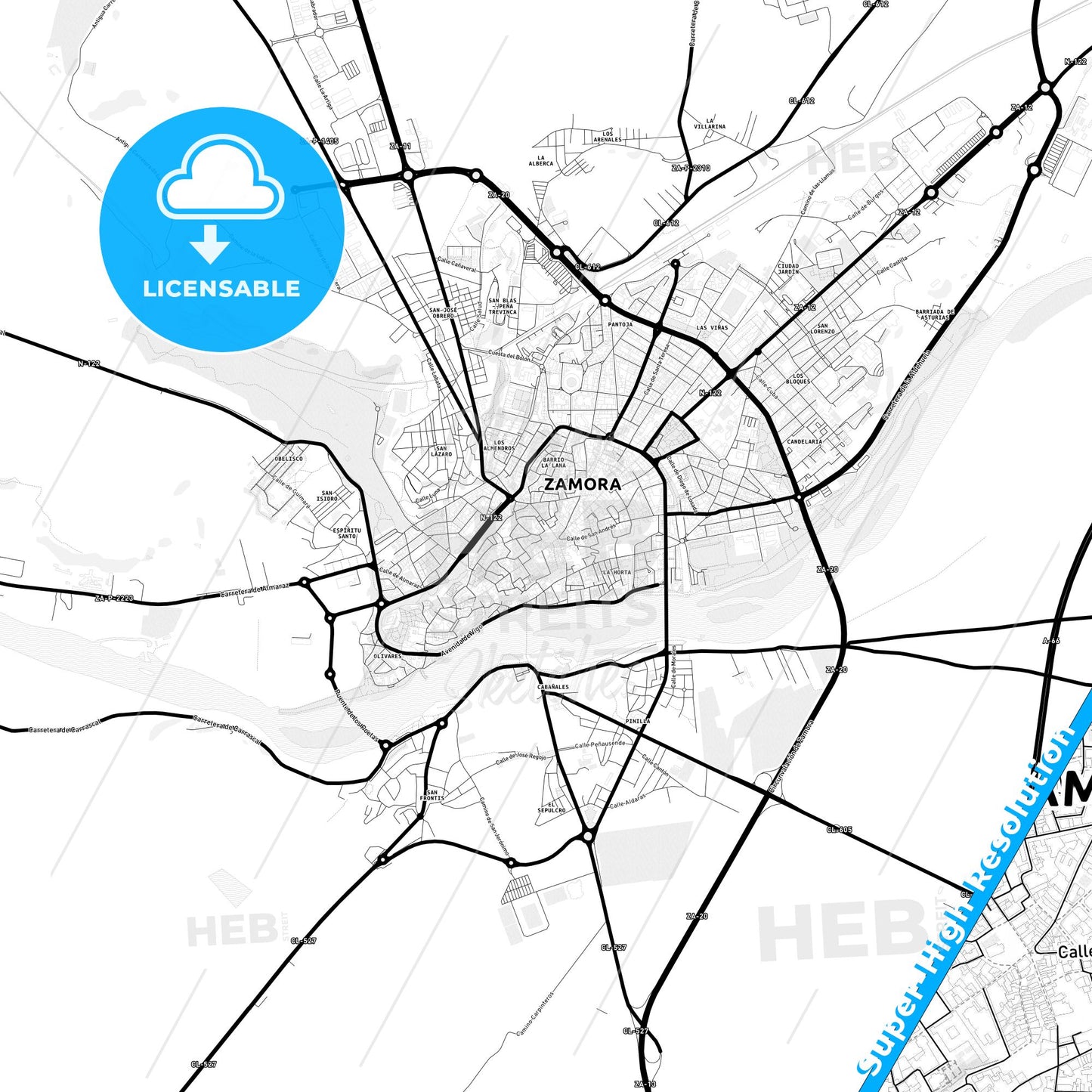 Zamora, Spain Light Map with Street Names, City Names, and Districts