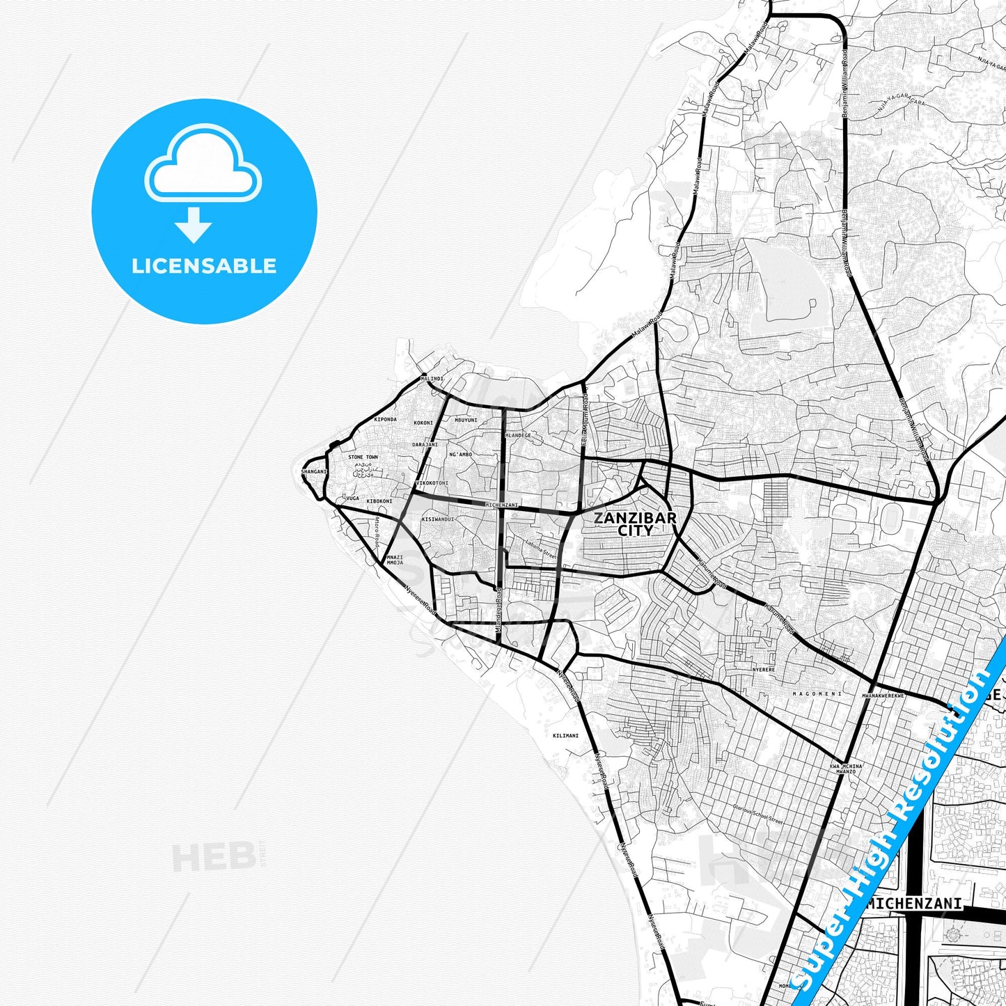 Zanzibar, Tanzania Light Map with Street Names, City Names, and Districts