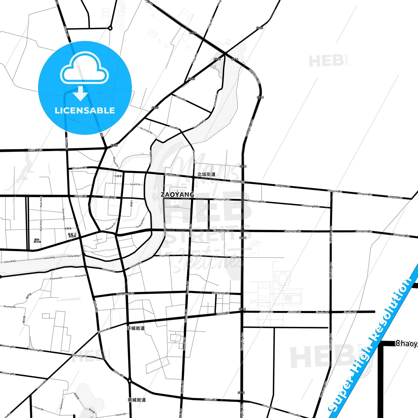Zaoyang, China Light Map with Street Names, City Names, and Districts