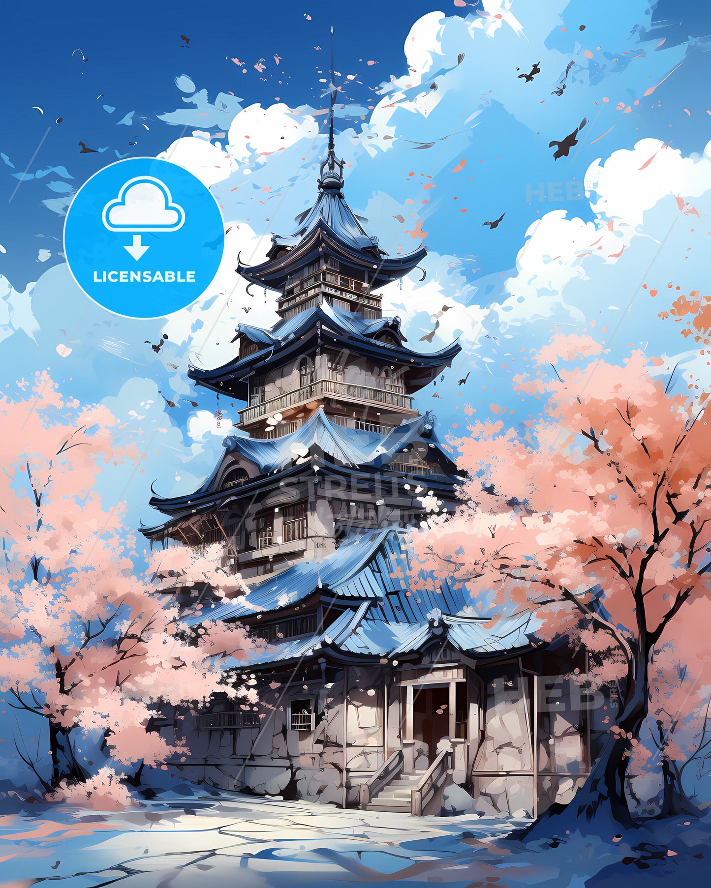 Modern Zaoyang China Skyline Architecture Painting Tower Trees Birds Vibrant Art City