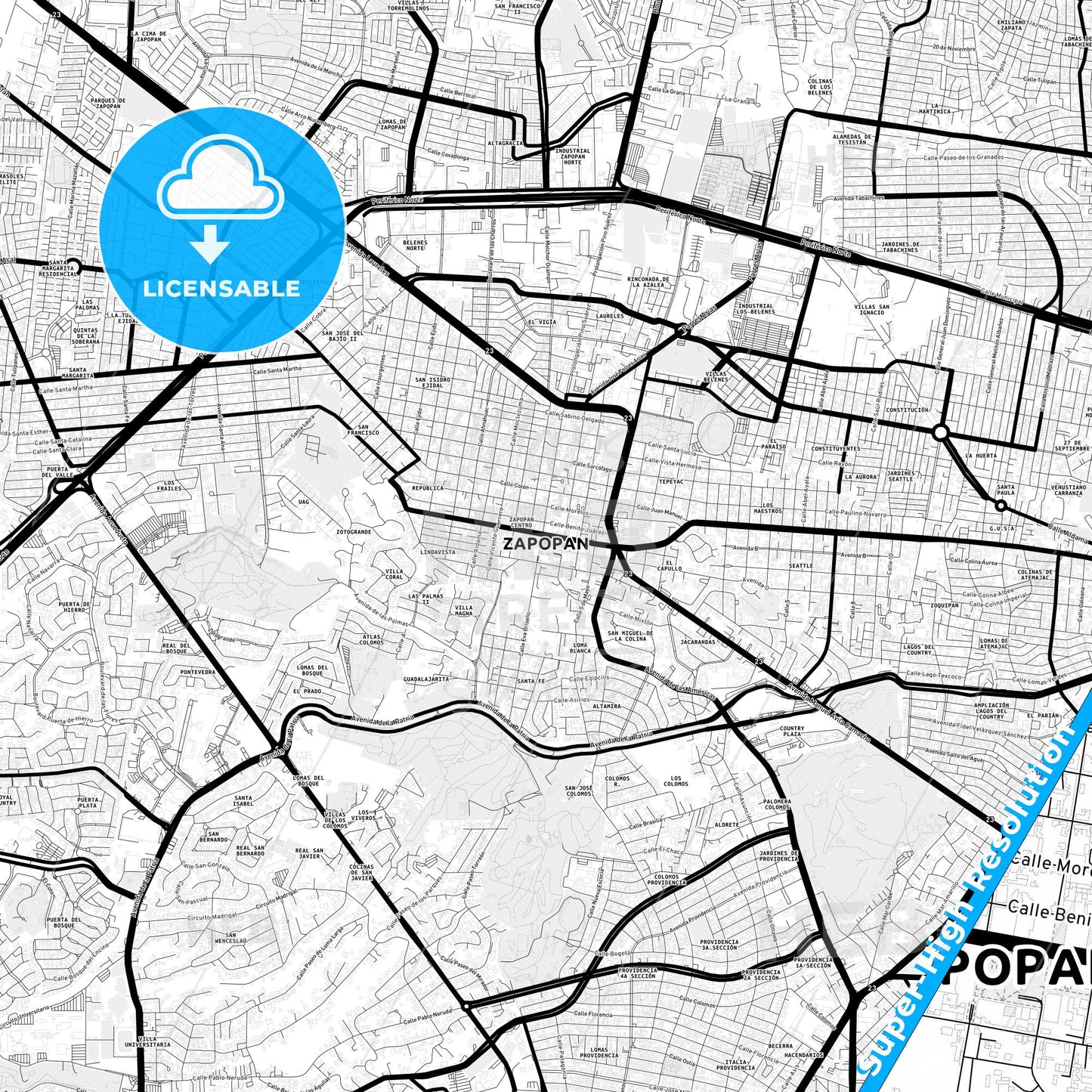 Zapopan, Mexico Light Map with Street Names, City Names, and Districts