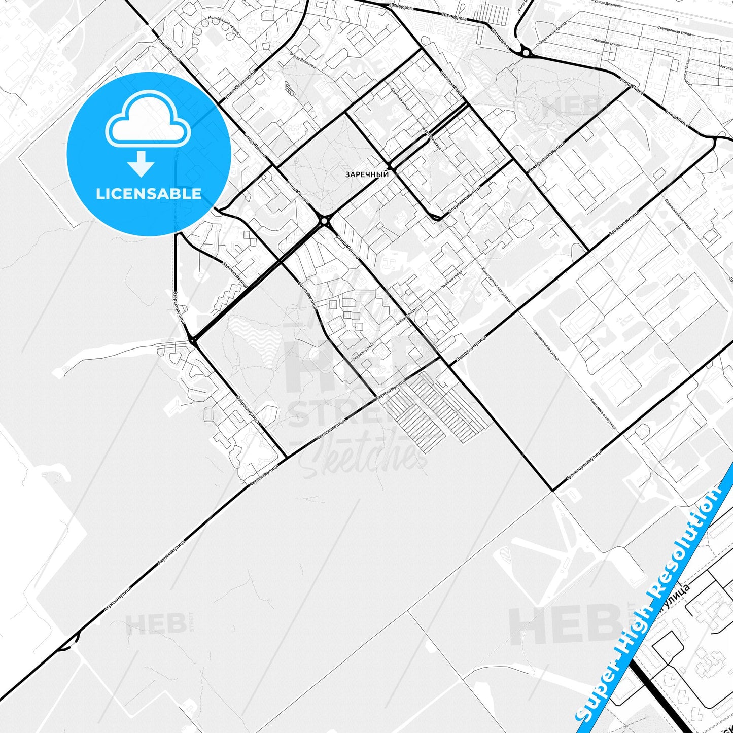 Zarechny, Russia Light Map with Street Names, City Names, and Districts