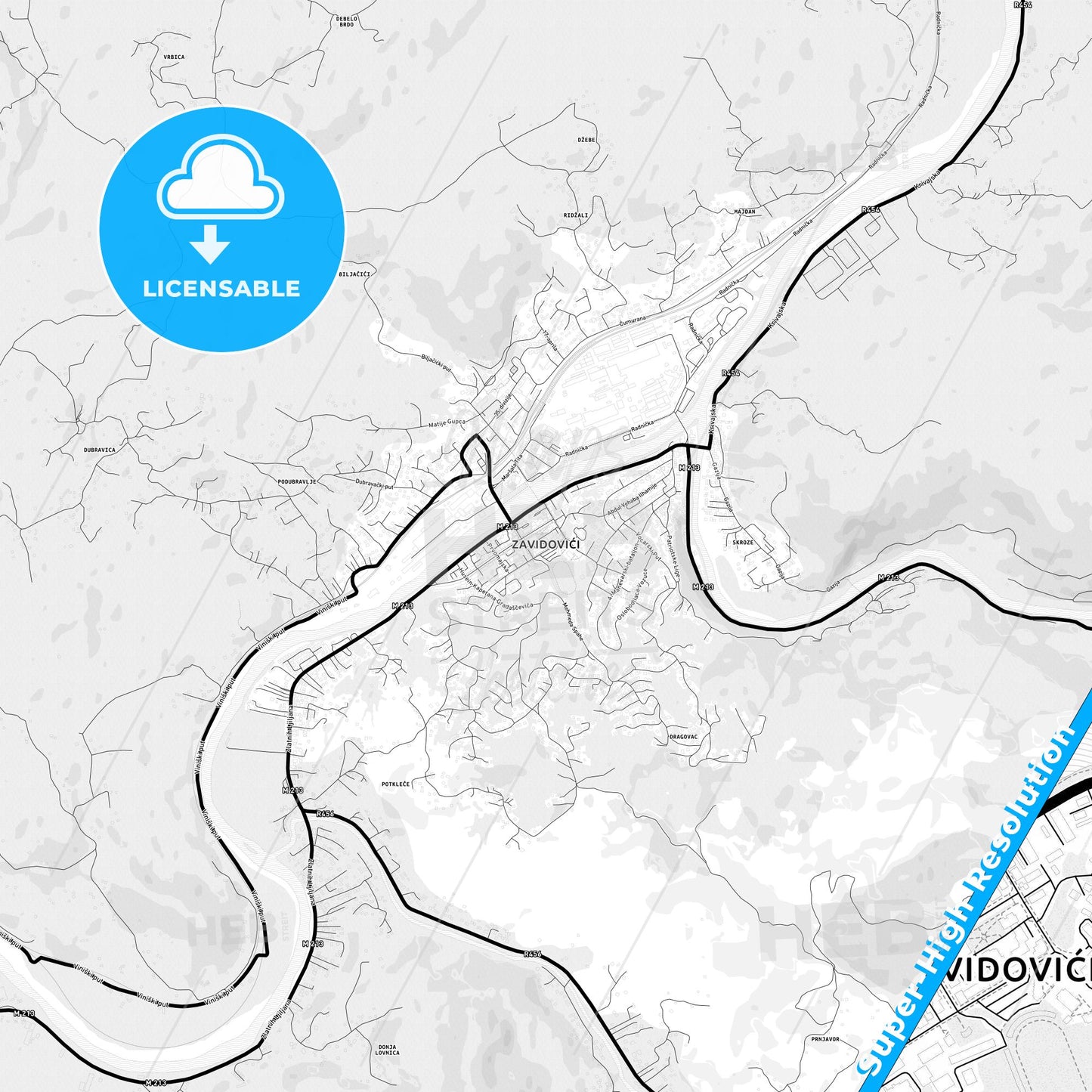 Zavidovići, Bosnia and Herzegovina Light Map with Street Names, City Names, and Districts
