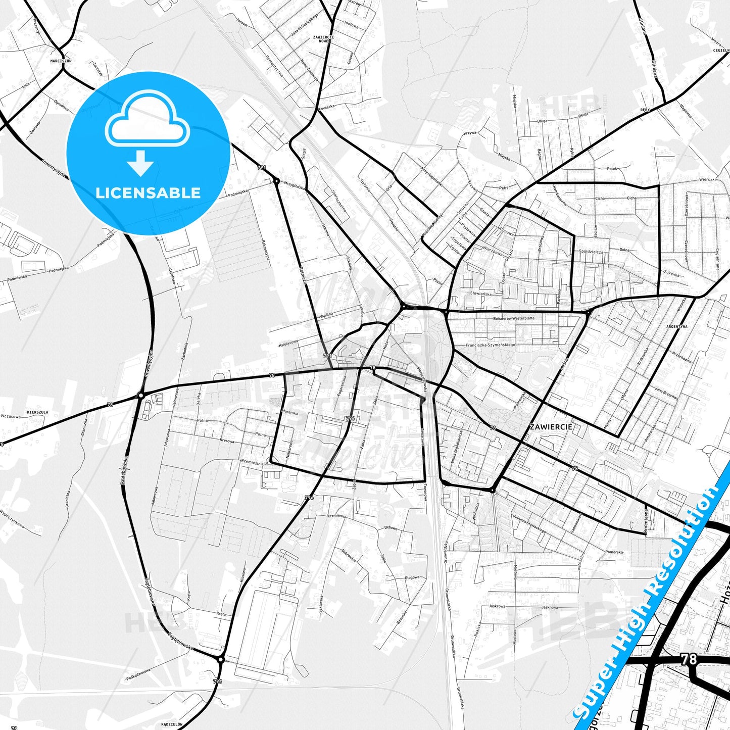 Zawiercie, Poland Light Map with Street Names, City Names, and Districts