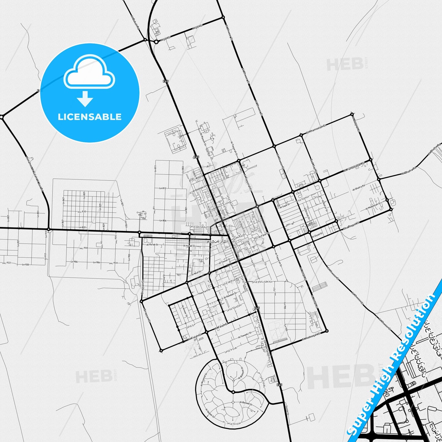Zayed City , United Arab Emirates Light Map with Street Names, City Names, and Districts