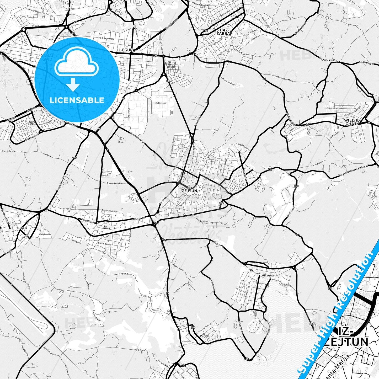 Żejtun, Malta Light Map with Street Names, City Names, and Districts