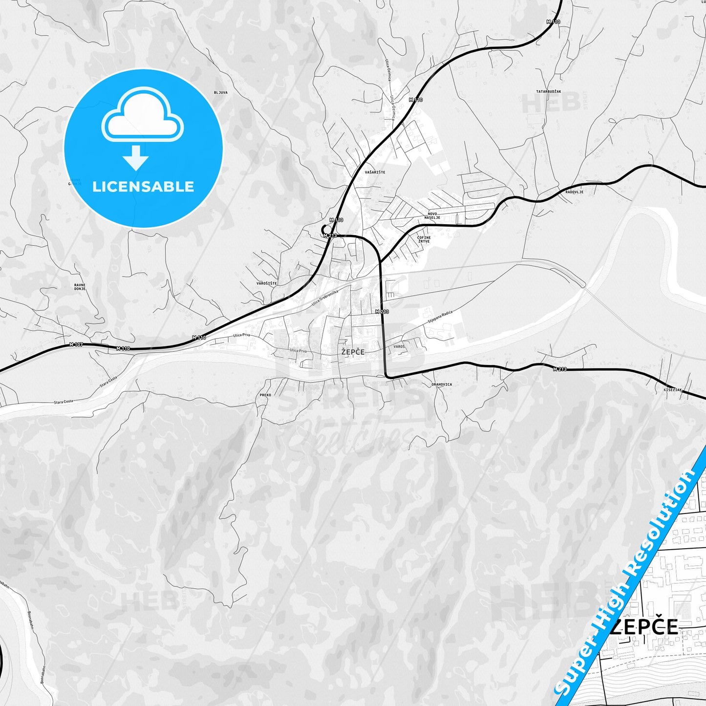 Žepče, Bosnia and Herzegovina Light Map with Street Names, City Names, and Districts