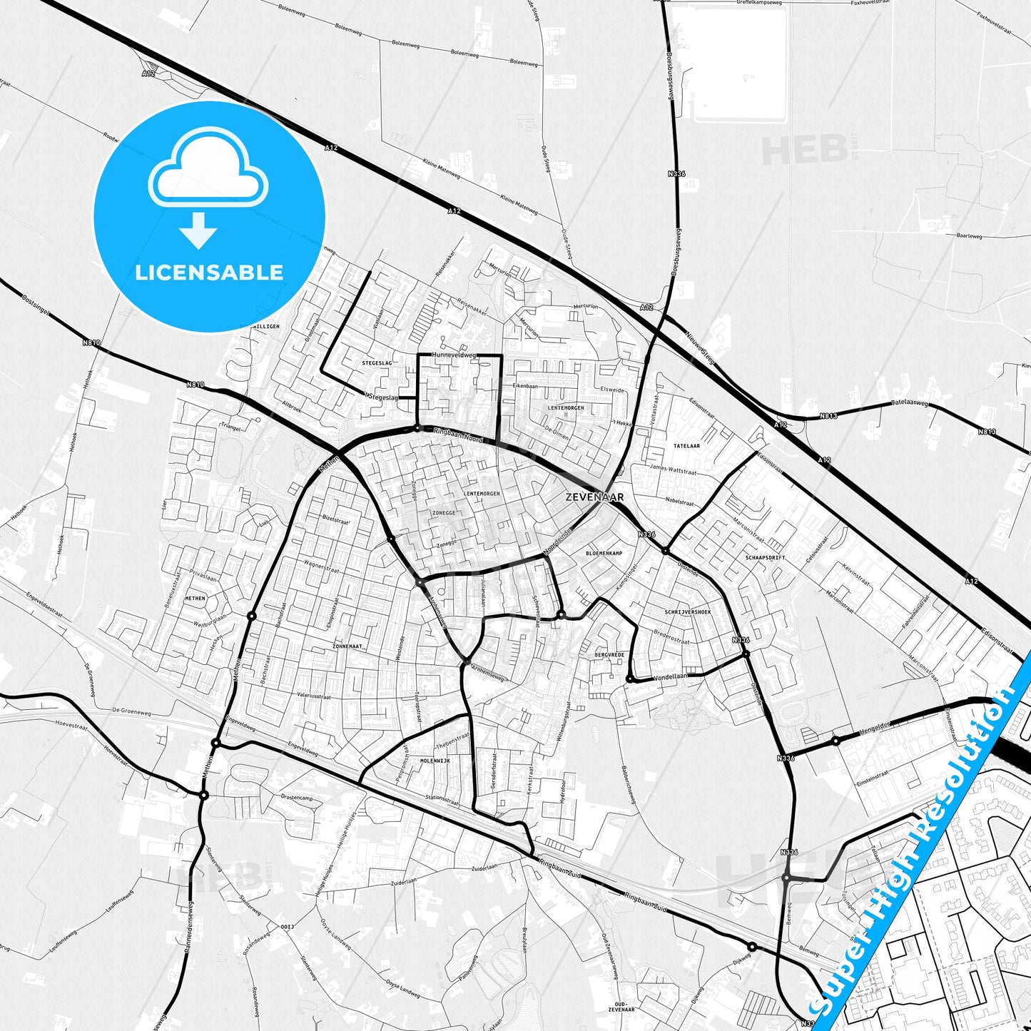 Zevenaar, Netherlands Light Map with Street Names, City Names, and Districts
