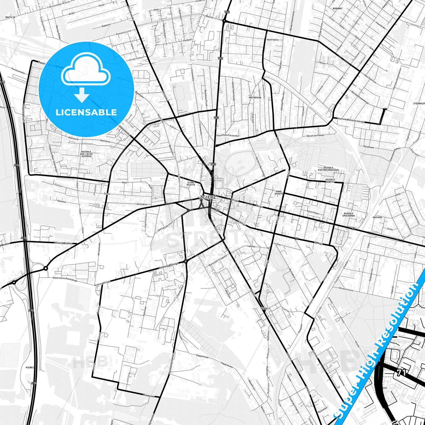 Zgierz, Poland Light Map with Street Names, City Names, and Districts