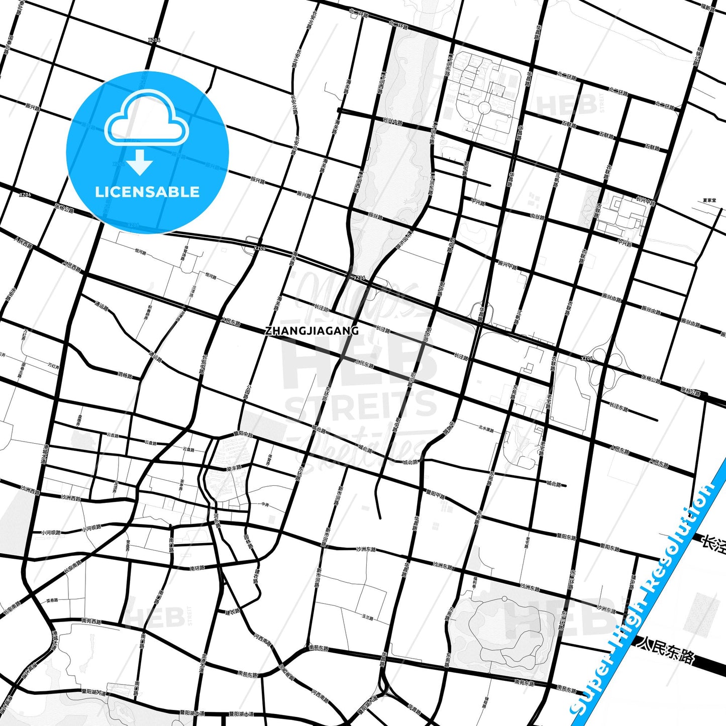 Zhangjiagang, China Light Map with Street Names, City Names, and Districts
