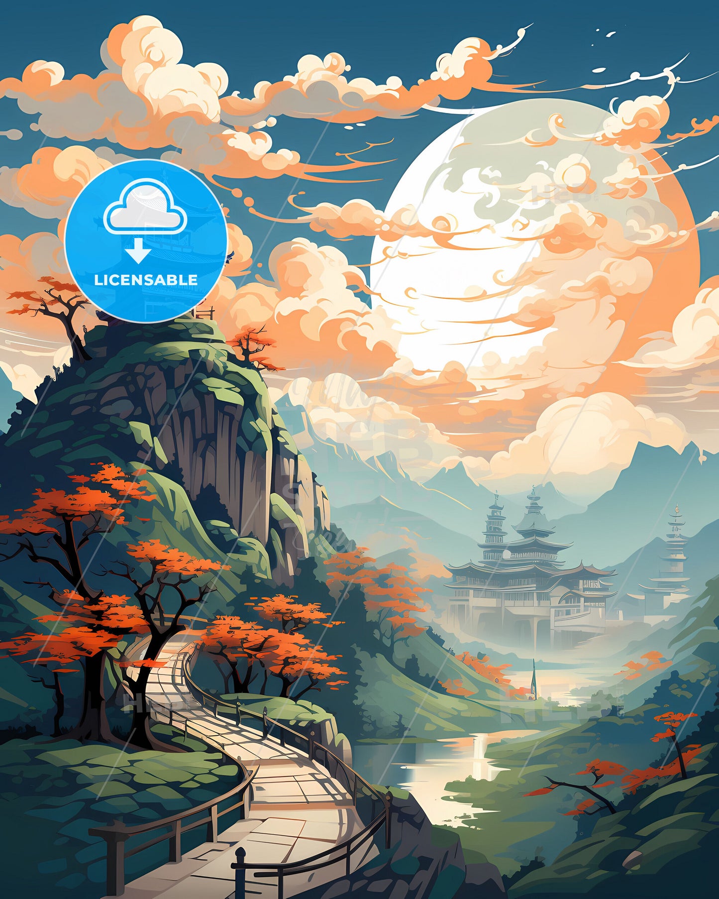 Panoramic Painting of Zhangjiagang Skyline Featuring Pagoda, Bridge, and Tranquil River