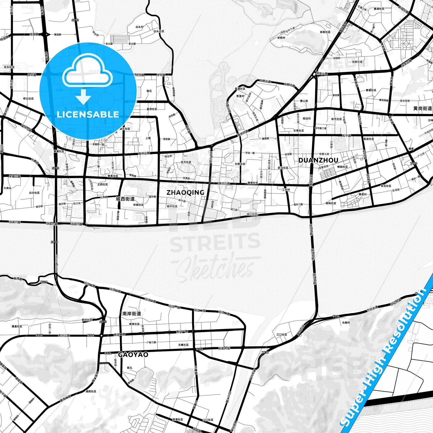Zhaoqing, China Light Map with Street Names, City Names, and Districts