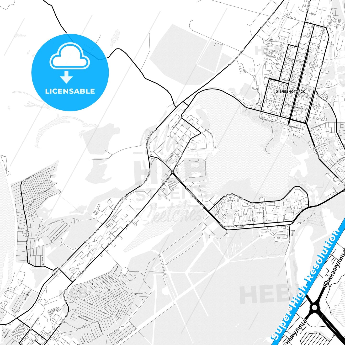 Zheleznogorsk, Russia Light Map with Street Names, City Names, and Districts