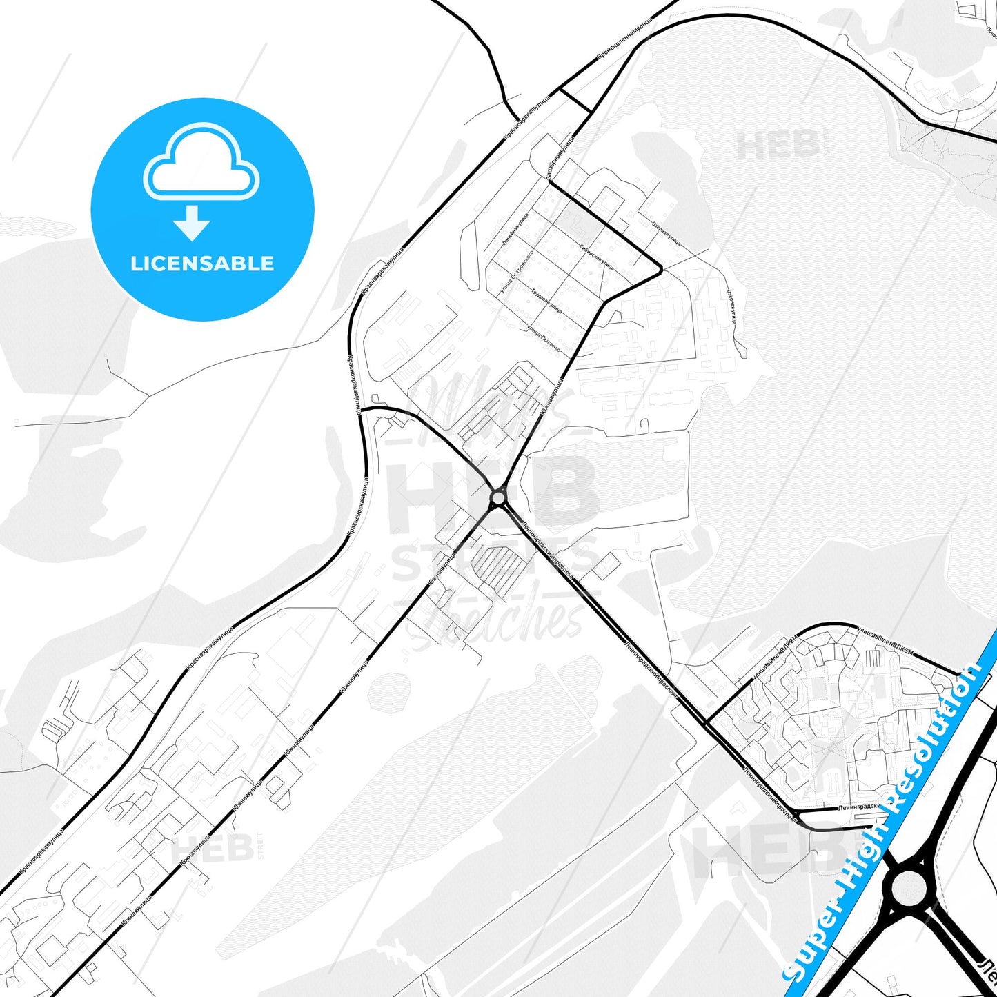 Zheleznogorsk, Russia Light Map with Street Names, City Names, and Districts
