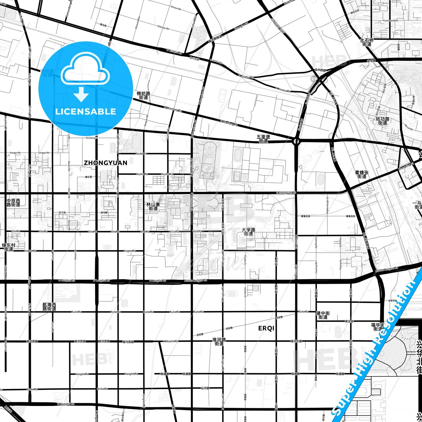 Zhengzhou, China Light Map with Street Names, City Names, and Districts