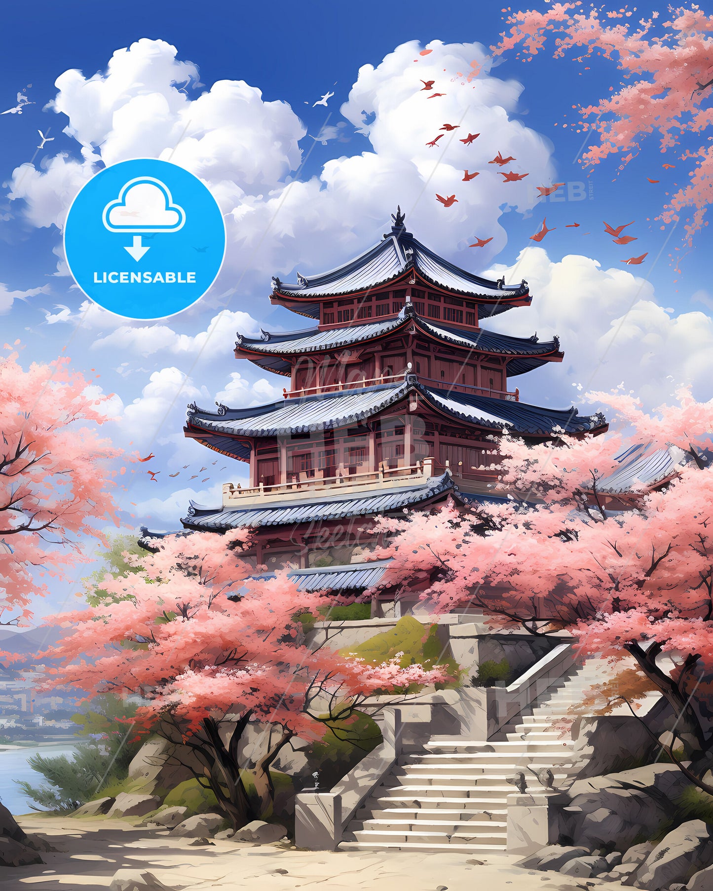 Zhengzhou Cityscape Painting: Pink Cherry Blossoms Pagoda Skyline Vibrant Brushstrokes