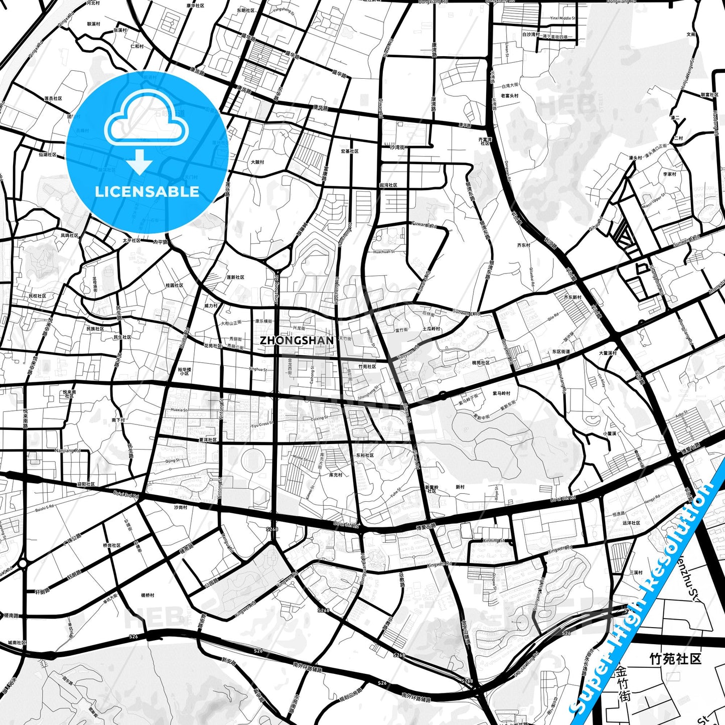Zhongshan, China Light Map with Street Names, City Names, and Districts